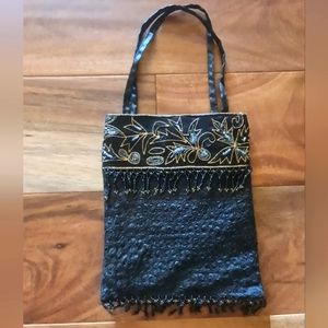 Frankie & Johnnie Beaded Evening Black Satin Gold Embroidery Beaded Fringe